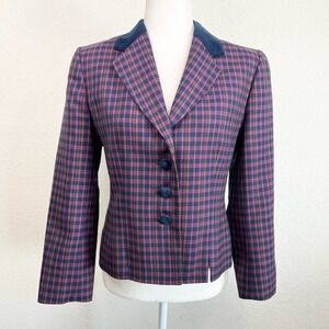 Pendleton Vintage Wool Burgundy Plaid Velvet Collar Button Blazer Jacket 8P